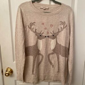 LOFT Beige Kissing Reindeer Sweater